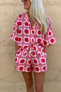 Ensemble chemise et short Calypso™ imprimé rouge, col boutonné et patte à la taille