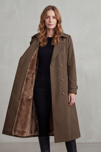 Manteau croisé kaki doublé fausse fourrure, manches longues et boutons dorés