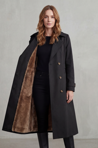 Manteau croisé noir doublé fausse fourrure, intérieur façon fourrure visible