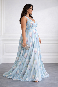 Robe longue bleue à bretelles, imprimé fleurs, décolleté cache-cœur, jupe fluide