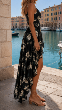 Robe noire à bretelles fines, imprimé floral crème, silhouette asymétrique et jupe à volants