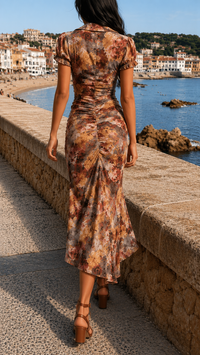 Robe longue à dos échancré, manches courtes, motif brun orange et fente
