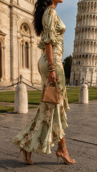 Robe longue satinée vert pâle à fleurs, encolure portefeuille, manches bouffantes