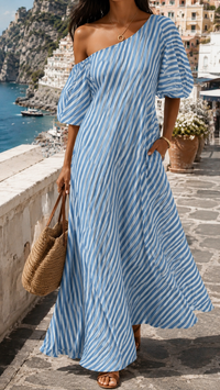 Robe longue à rayures bleu/blanc, une épaule, manches courtes, coupe ample