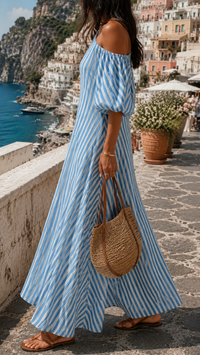 Robe longue rayée bleu/blanc, une épaule, manches bouffantes, coupe ample