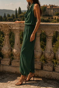 Ensemble vert sans manches, pantalon ample et haut drapé sur le devant
