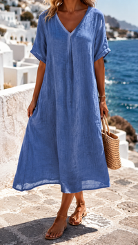 Robe ample en tissu bleu, encolure en V, manches courtes et fente latérale.