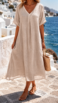 Robe ample beige en lin, encolure en V, manches courtes et plis sur le devant.
