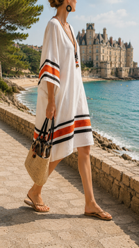 Robe blanche ample, manches trois-quarts, bordures rayées orange et noires