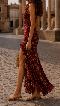 Robe Rome rouge floral avec fente, silhouette moulante, ourlet évasé.