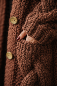 Détail du manteau en maille torsadée marron, boutons ronds et texture épaisse.