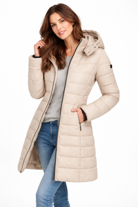 Doudoune longue beige à capuche, zip frontal, poches latérales, matelassage