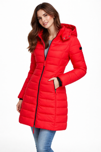 Doudoune longue rouge à capuche, zip frontal, poches latérales, matelassage