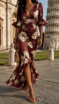 Robe longue satinée bordeaux à fleurs, décolleté croisé froncé, manches bouffantes, fente