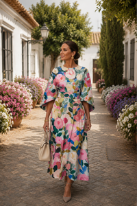 Robe midi fleurie à manches évasées, multicolore, col rond