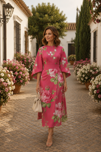 Robe midi fleurie manches évasées, fond rose, col rond