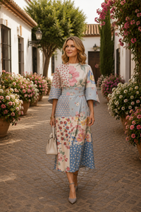 Robe midi fleurie bleu clair à motifs roses, manches évasées, col rond