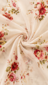 Tissu blanc crème à fleurs roses, en gros plan, léger et fluide.