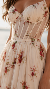 Robe blanche à fleurs, corsage avec empiècements et bretelles croisées, taille marquée.