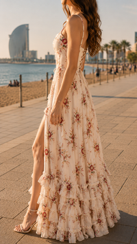 Robe longue blanche à fleurs, bretelles fines, ourlets à volants et coupe évasée.