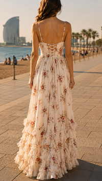 Robe longue blanche à fleurs, dos croisé, bretelles fines et jupe à volants.