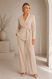 Ensemble beige blazer croisé ceinturé à nouer et pantalon.