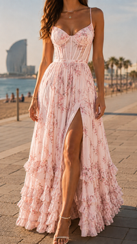 Robe longue rose à fleurs, bretelles fines, jupe vaporeuse à volants et fente.