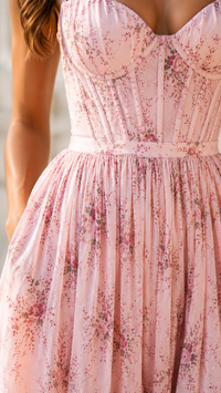 Robe rose à fleurs, corsage drapé, taille élastiquée et jupe à volants.