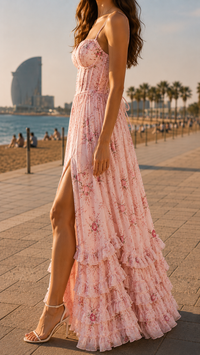 Robe longue rose à fleurs, bretelles fines, volants superposés et coupe fluide.