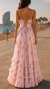 Robe longue rose à fleurs, dos nu avec laçage, volants en cascade sur la jupe.