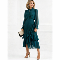Robe plissée à volants étagés, manches longues, couleur vert émeraude