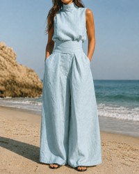 Ensemble sans manches bleu clair en lin, pantalon ample taille élastique à plis