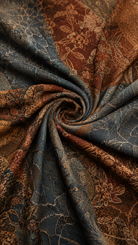 Tissu de robe imprimé floral, tons brun chaud et bleu foncé.