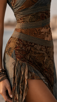 Robe longue imprimée bruns et bleus, ceintures croisées et volants froissés au bas.