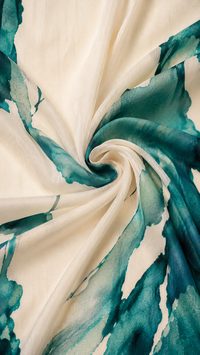 Tissu de robe imprimé vert aquarelle sur fond crème, drapé en plis