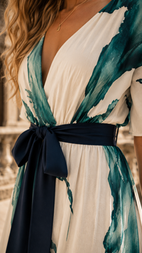Robe imprimée vert, décolleté V et lien noir à la taille, tissu fluide sur fond crème