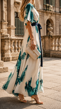 Robe longue imprimée vert sur fond crème, lien noir noué, manches évasées