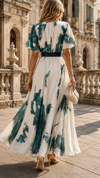 Robe longue vue de dos, imprimé vert sur fond crème, lien noir à la taille