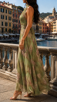 Robe longue sans manches vert olive à fleurs roses, coupe fluide, vue de côté