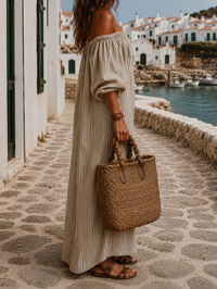 Robe longue à épaules dénudées, beige à rayures verticales, coupe fluide
