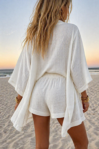 Ensemble blouse ample manches kimono et short à cordon, vue arrière, blanc cassé