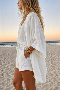 Ensemble blouse ample manches kimono et short à cordon, vue de côté, blanc cassé