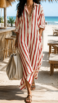 Robe longue rayée rouge et blanc, col chemise, manches 3/4 bouffantes.