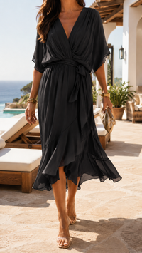 Robe noire fluide à décolleté cache-cœur, manches évasées, taille nouée.