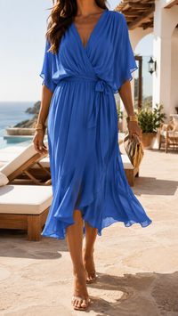 Robe bleue fluide à décolleté cache-cœur, manches évasées, taille nouée.