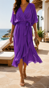 Robe portefeuille Calypso violette à manches courtes, encolure V et ceinture nouée