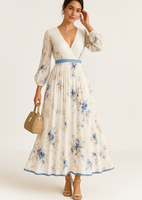 Robe longue crème à fleurs bleues, décolleté V, jupe plissée évasée, manches longues