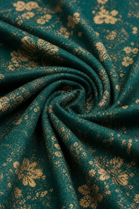 Tissu de robe Rome vert floral à fleurs dorées, motif serré et texturé.