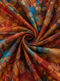 Tissu de robe CALELLA imprimé tourbillons bleu, orange et rouge, froissé
