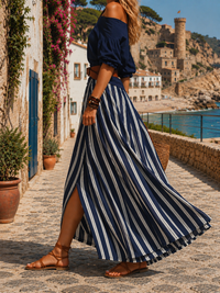 Ensemble femme : haut bleu épaules dénudées, jupe longue rayée avec fente, ceinture